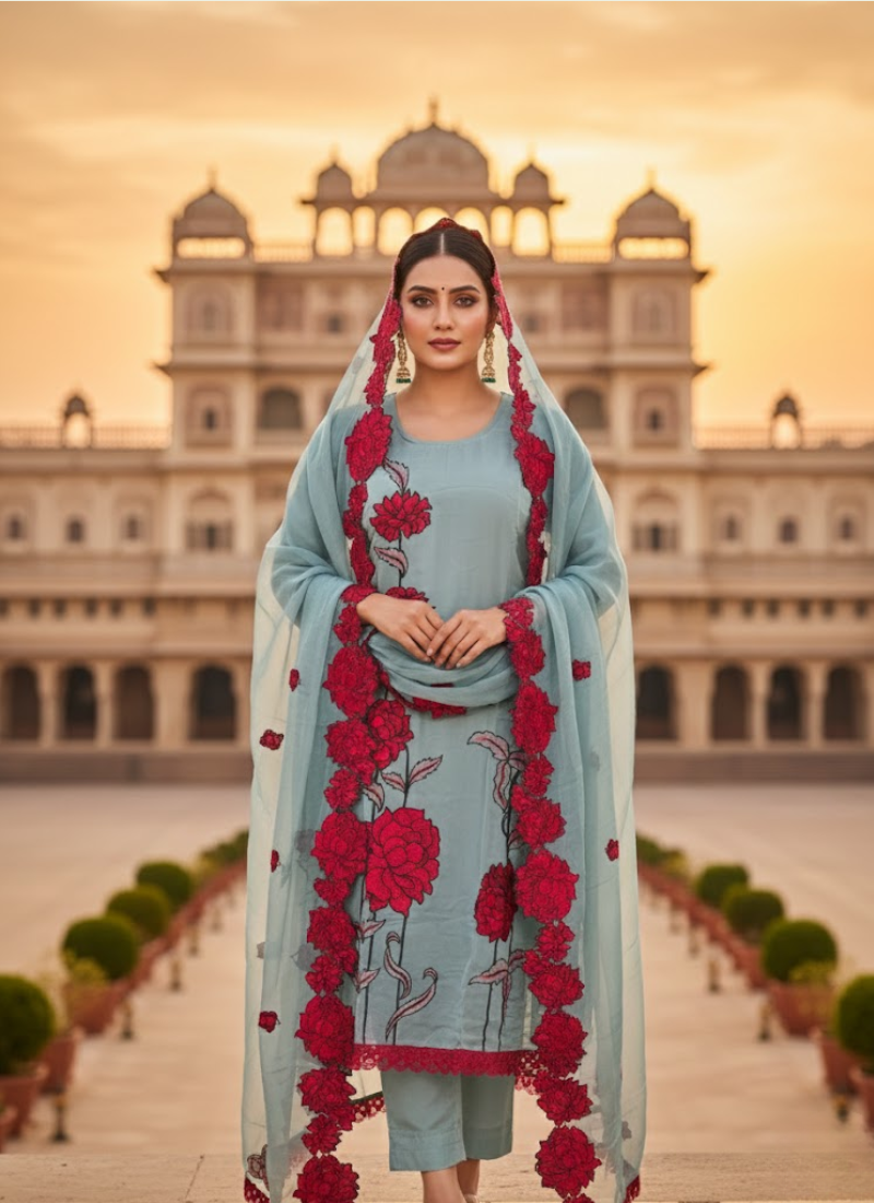 Blue Silk Organza Salwar Kameez with Floral Embroidery Dupatta