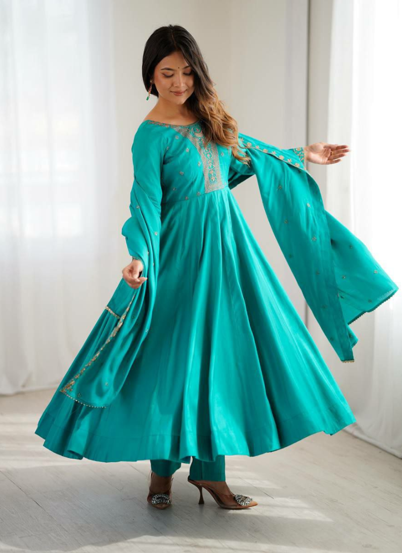 Anarkali Suit in Roman Shimmer Chanderi Silk with Beads Handwork + Embroidered Dupatta