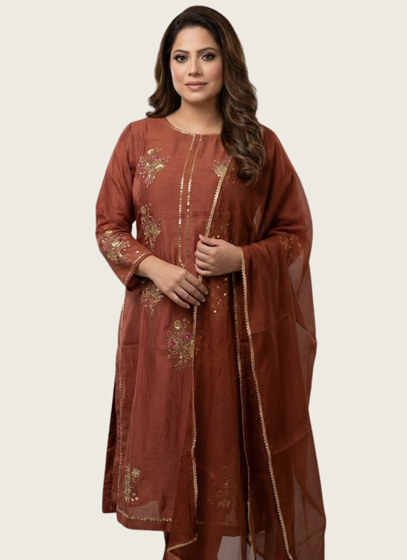 Rust Silk Salwar Kameez with Zari & Sequence Work