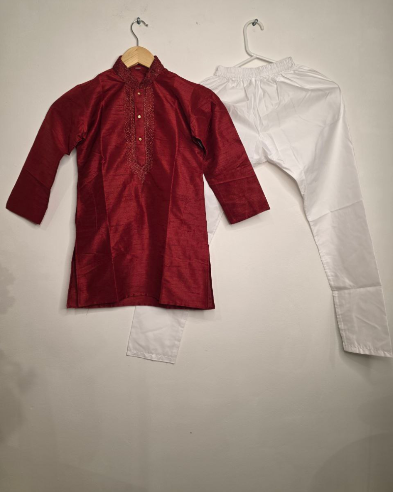 Kids Maroon Raw Silk Kurta with White Cotton Pyjama