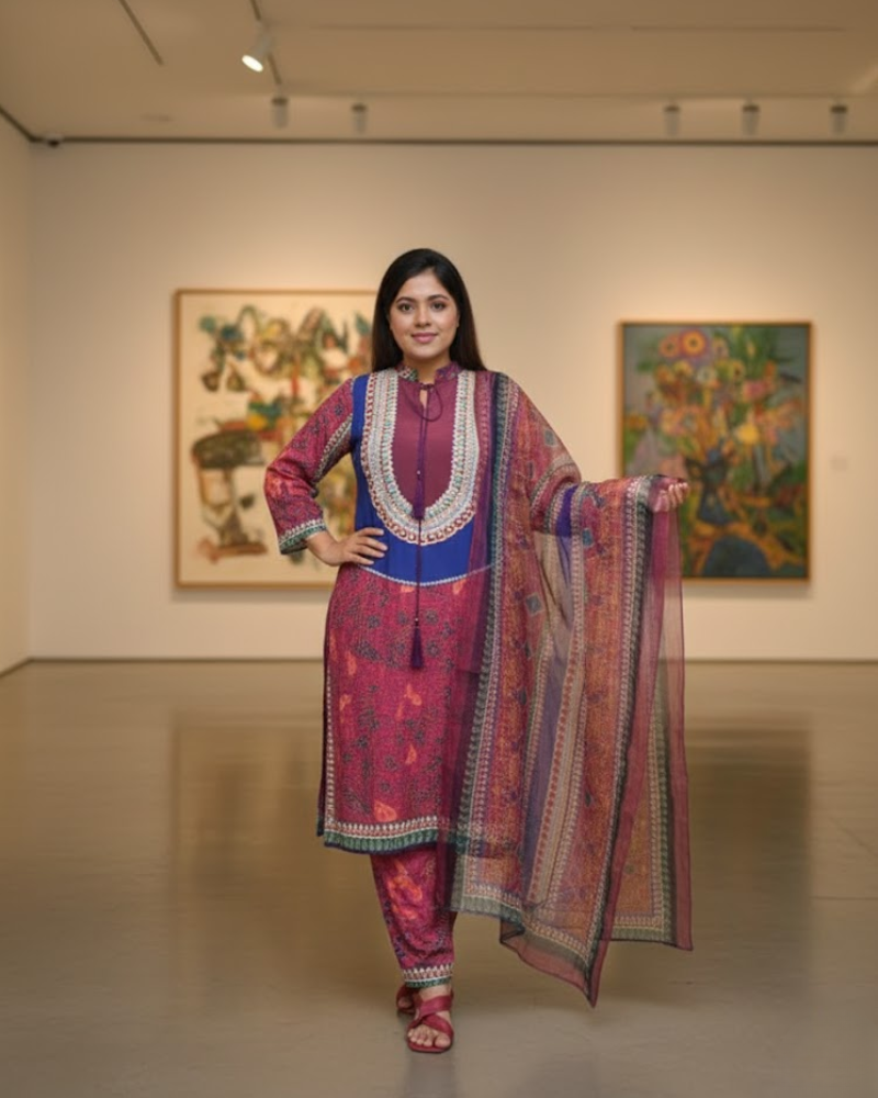 Pink Crepe Silk Salwar Suit – Stone Work & Floral Print