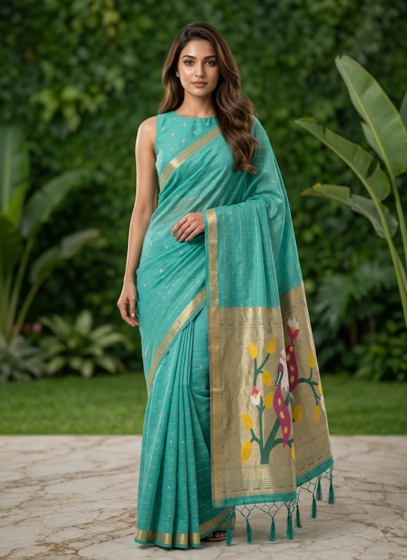 Cotton Paithani Saree – Zari Buttis & Pallu with Blouse Australia