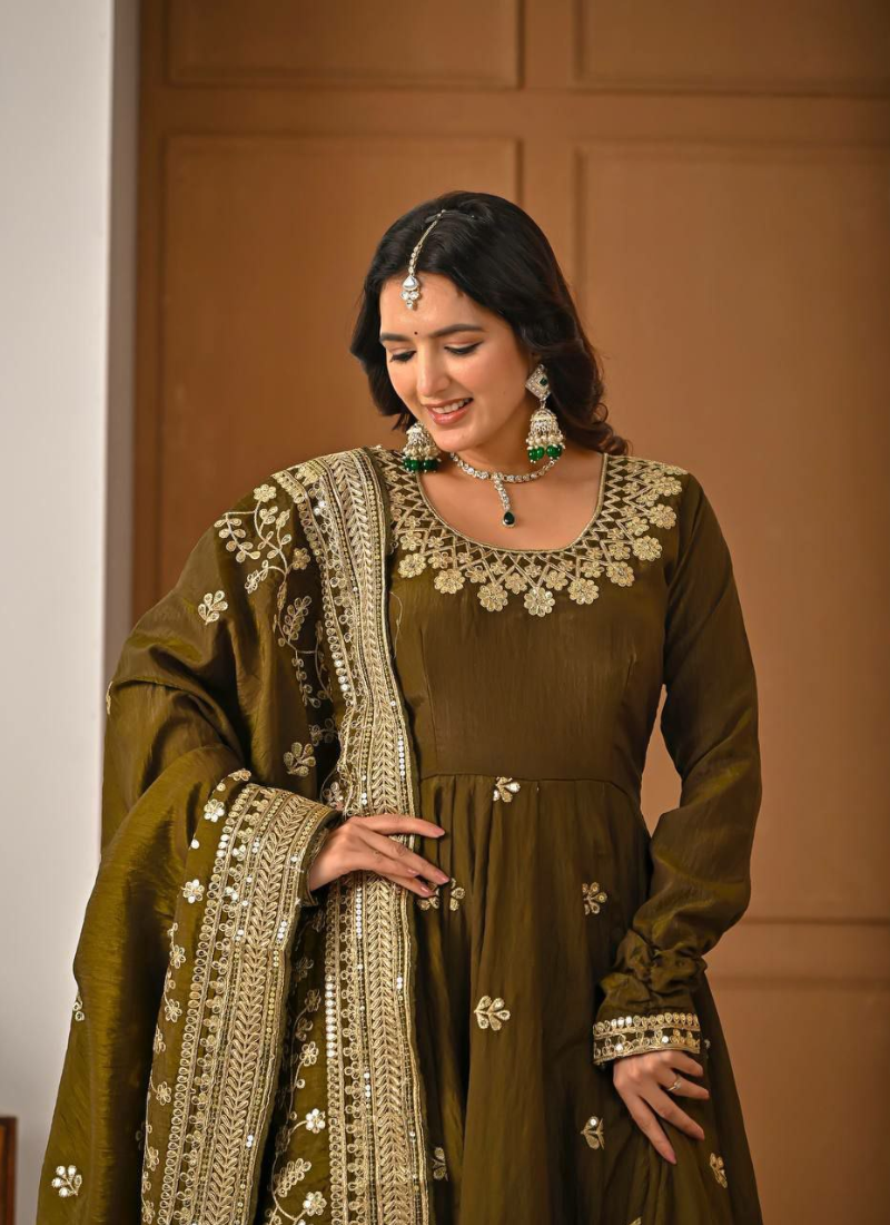 Vichitra Silk Anarkali Gown with Sequins Embroidery + Pant & Dupatta
