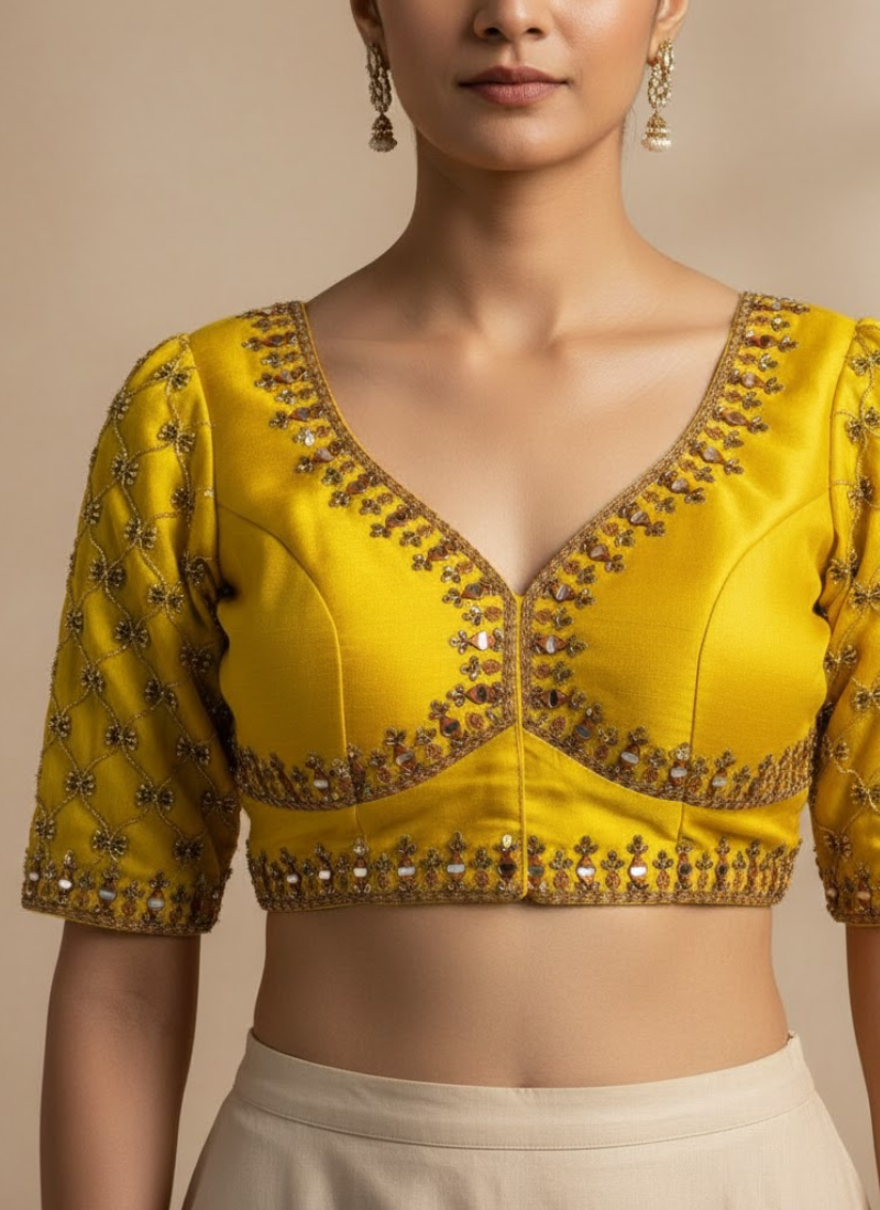 Italian Silk Women’s Blouse with Jari, Sequins & Beads Work (Front‑Open Design)