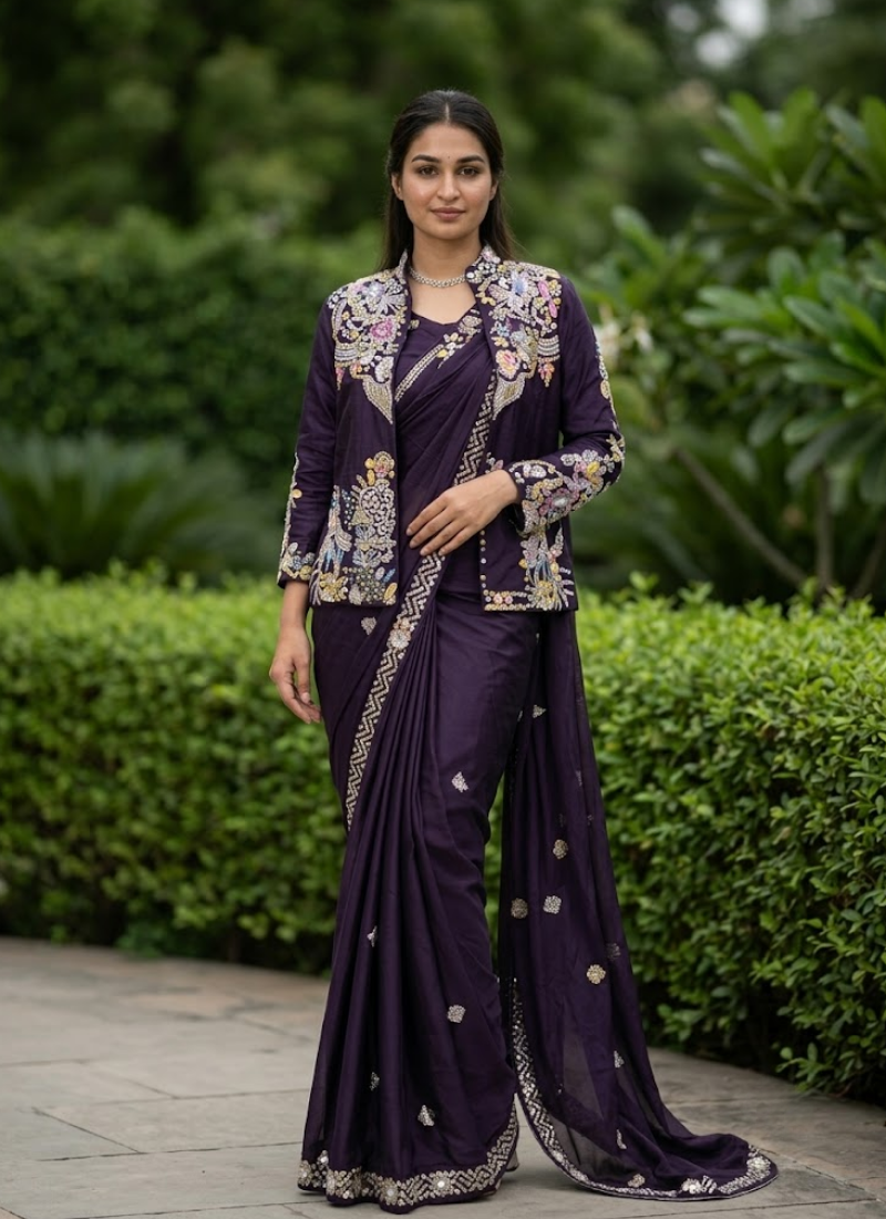 Party Jacket Saree – Heavy Crepe Satin with Embroidery Work, Traditional Indian Saree & Ethnic Fashion Australia Australia