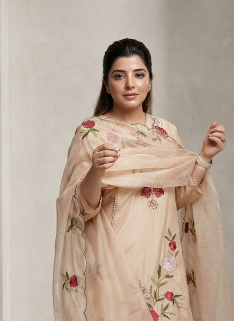 Cream Anarkali Suit in Pure Chanderi Silk with Embroidery + Organza Dupatta