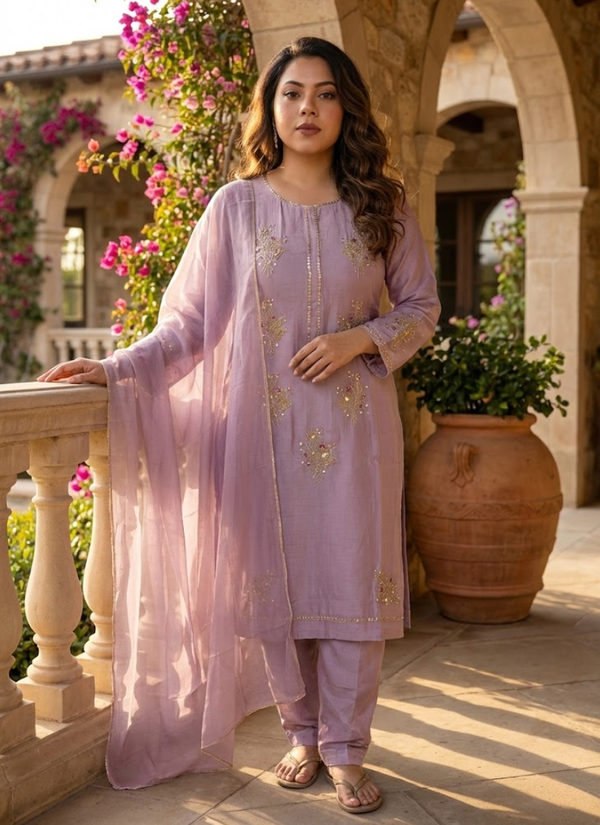 Light Onion Pink Silk Salwar Kameez with Zari Work