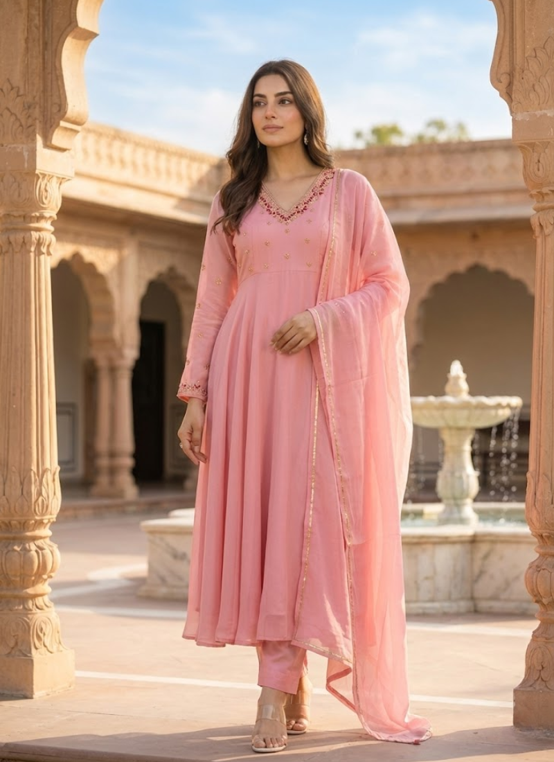 Fox Georgette Anarkali Suit with Handwork & Golden Lace Dupatta