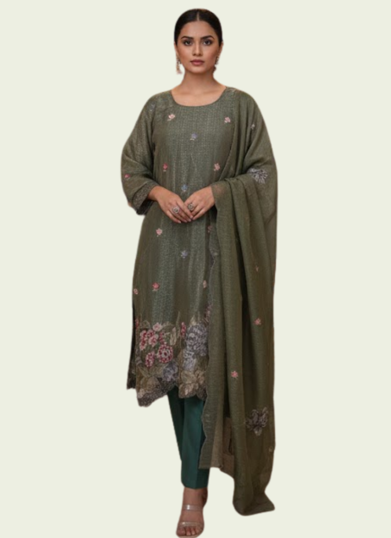Crepe Silk Salwar Suit – Green with Floral Embroidery