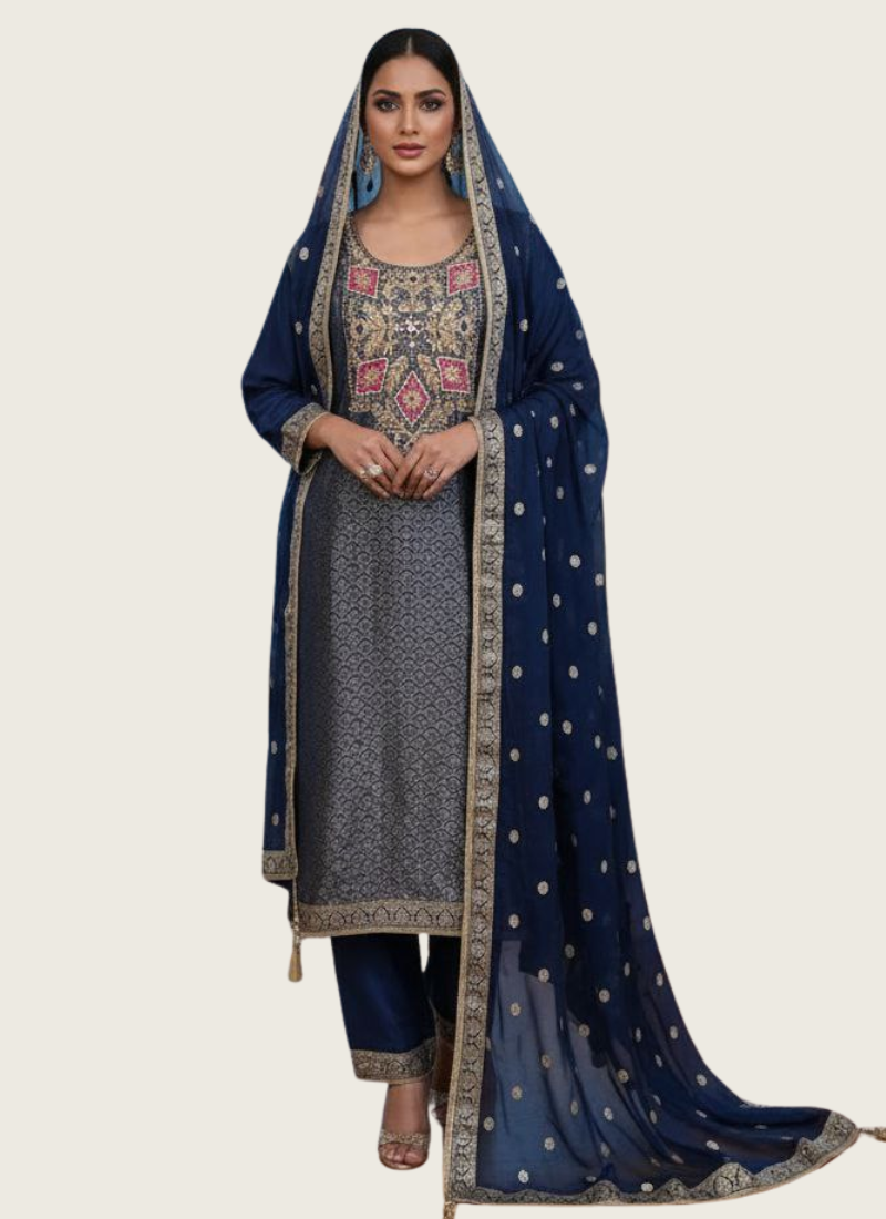 Jacquard Banarasi Salwar Suit – Hand Embroidery & Chiffon Dupatta