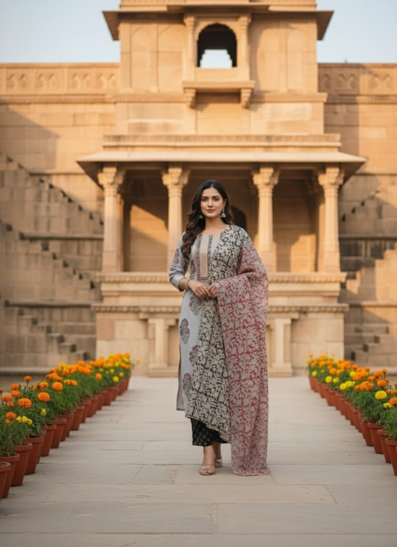 Cotton Block Printed Salwar Suit – Ash & Red