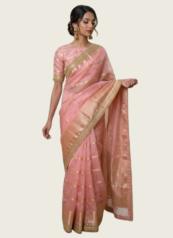 Pink Banarasi Organza Saree with Blouse Piece, Indian saree online Australia