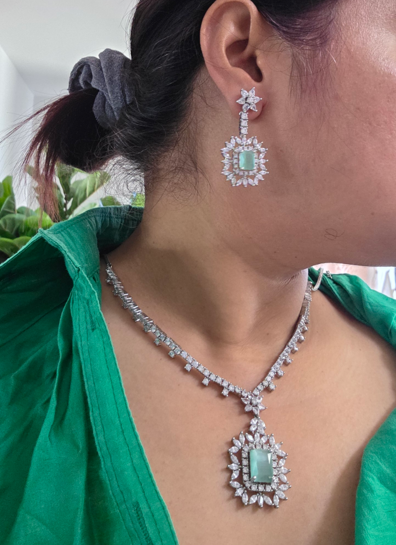 Diamond Cut Necklace & Earring Set with Blue Stone Setting