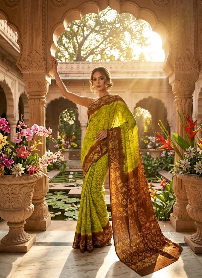Parrot Green & Yellow Batik Print Saree Australia