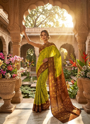 Parrot Green & Yellow Batik Print Saree 1