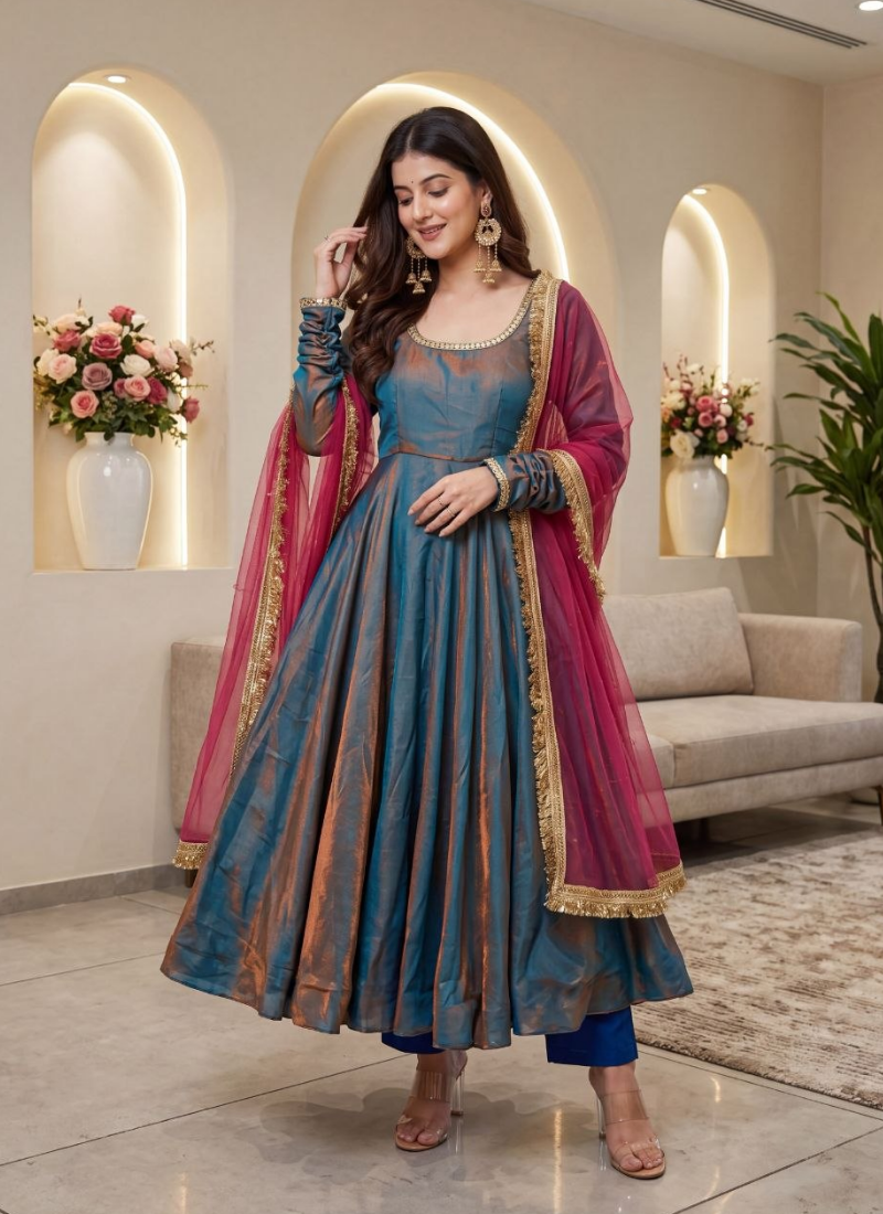 Designer Sindoor Silk Anarkali Gown Set – Mirror Lace with Dupatta & Bottom Australia