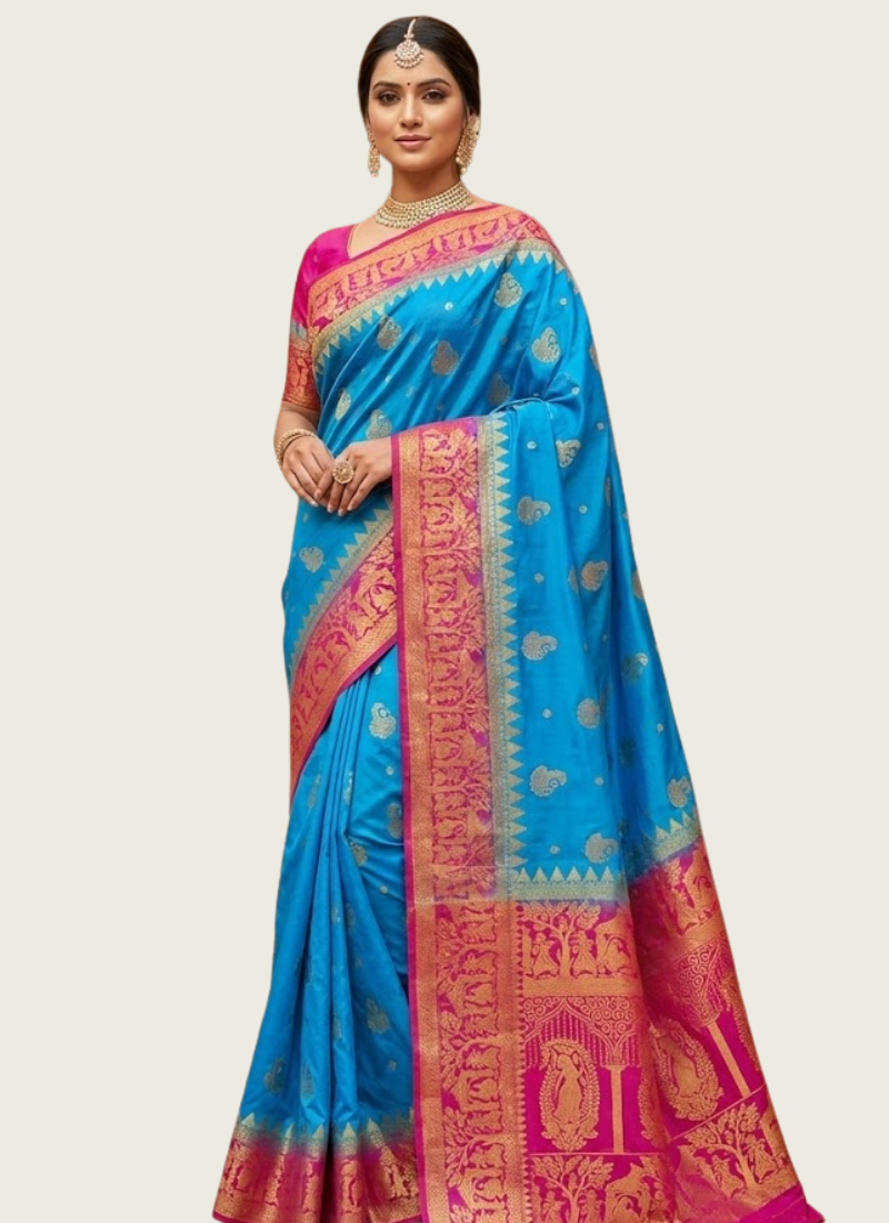 Bangalore Baluchari Silk Saree – Firozi Blue & Magenta | Gleemiumfashion