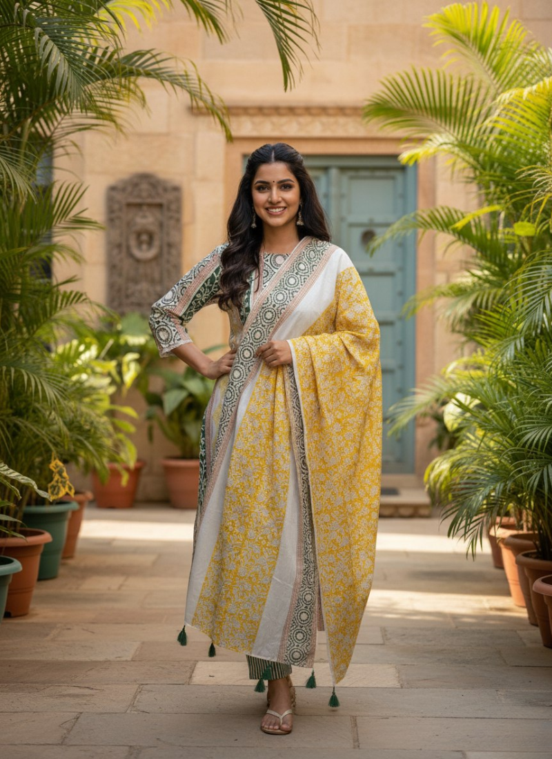 Cotton Block Printed Salwar Suit – White, Yellow & Green