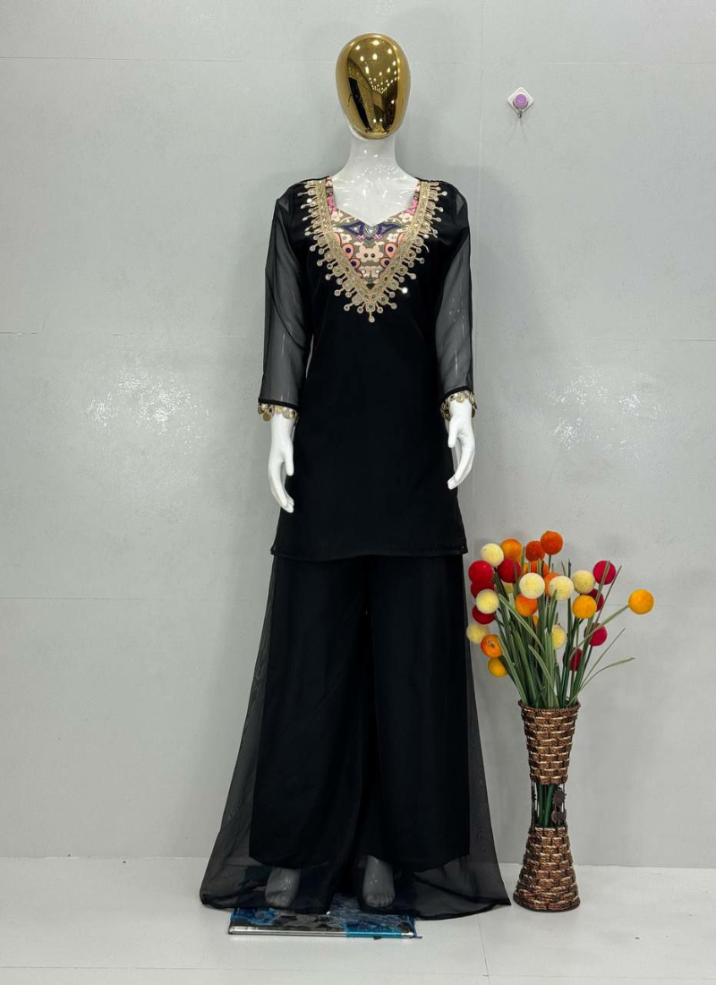 Black Organza Co‑Ord Set with Palazzo, Digital Print Blouse + Mirror Work Top