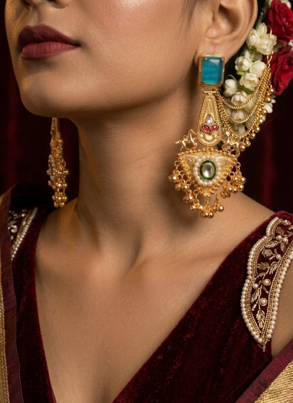 Sea Blue Golden Kashmiri Earrings