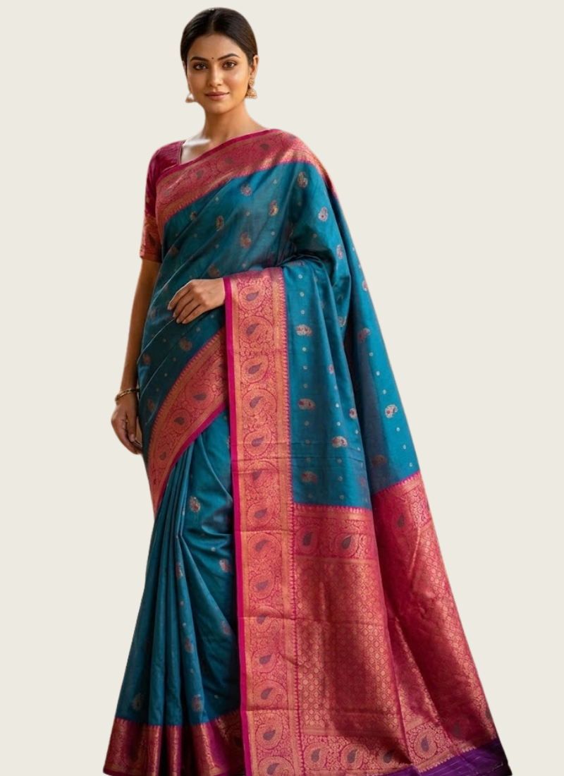 Sea Green Katan Silk Saree – Mina Work & Magenta Border | Gleemium Fashion