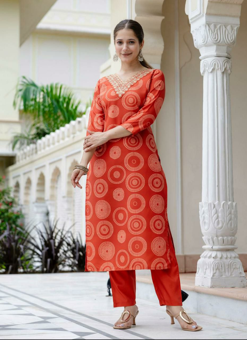 Orange Rayon Punjabi Suit with Embroidery & Taby Dupatta