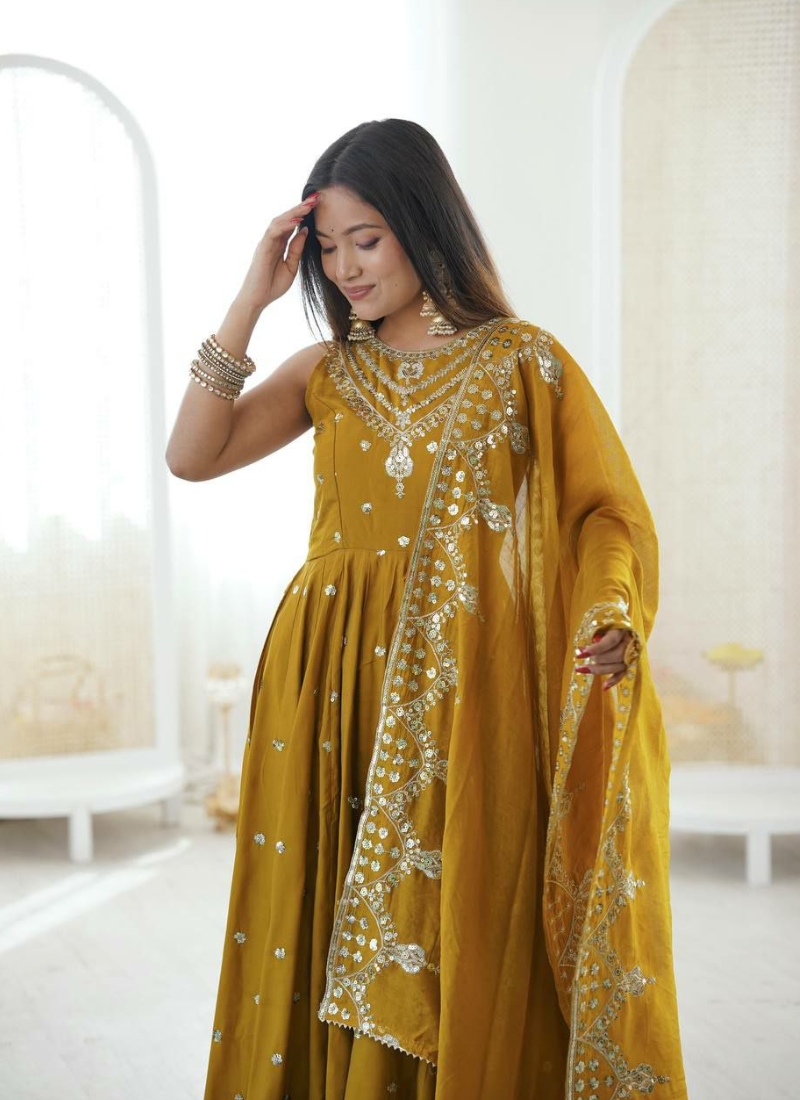 Anarkali Suit in Roman Silk with Sequins Embroidery + Chanderi Dupatta