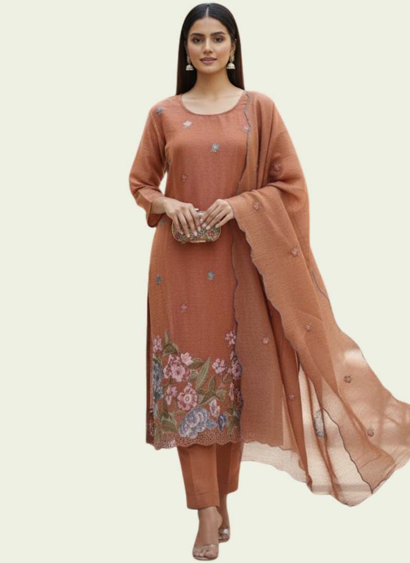 Crepe Silk Salwar Suit – Rust Orange with Floral Embroidery