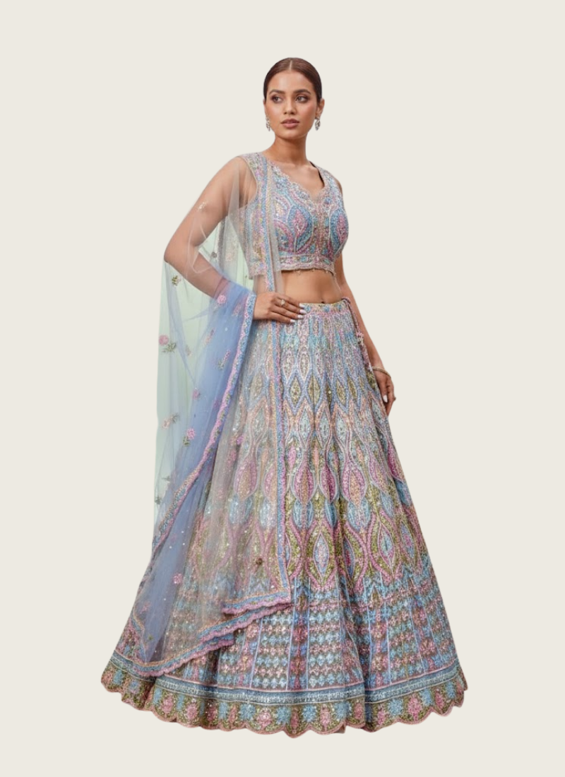Soft Net Lehenga Choli with Mirror Embroidery