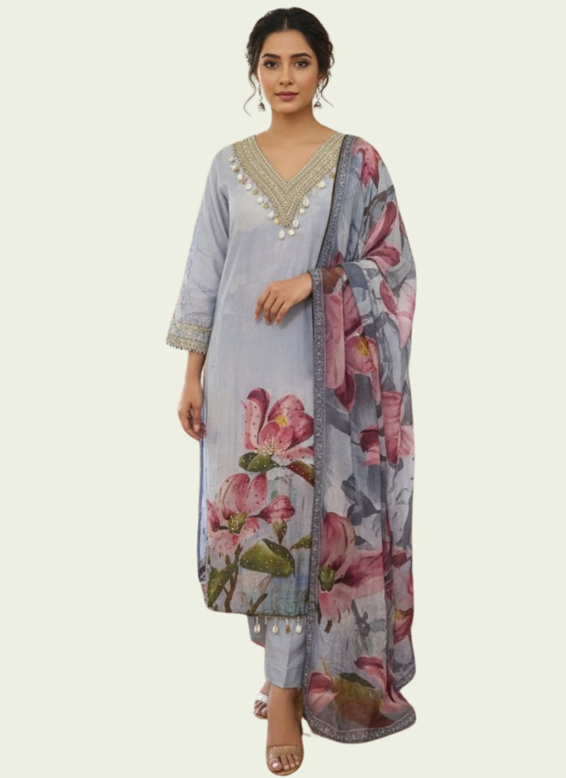 Light Purple Salwar Kameez with Embroidery & Printed Dupatta