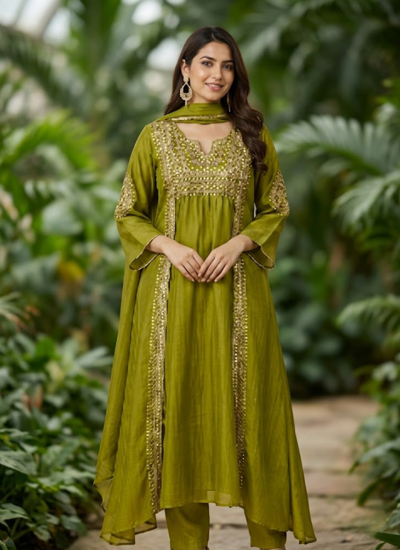 Mul Chanderi Kurta Set – Heavy Work with Pant & Dupatta Australia
