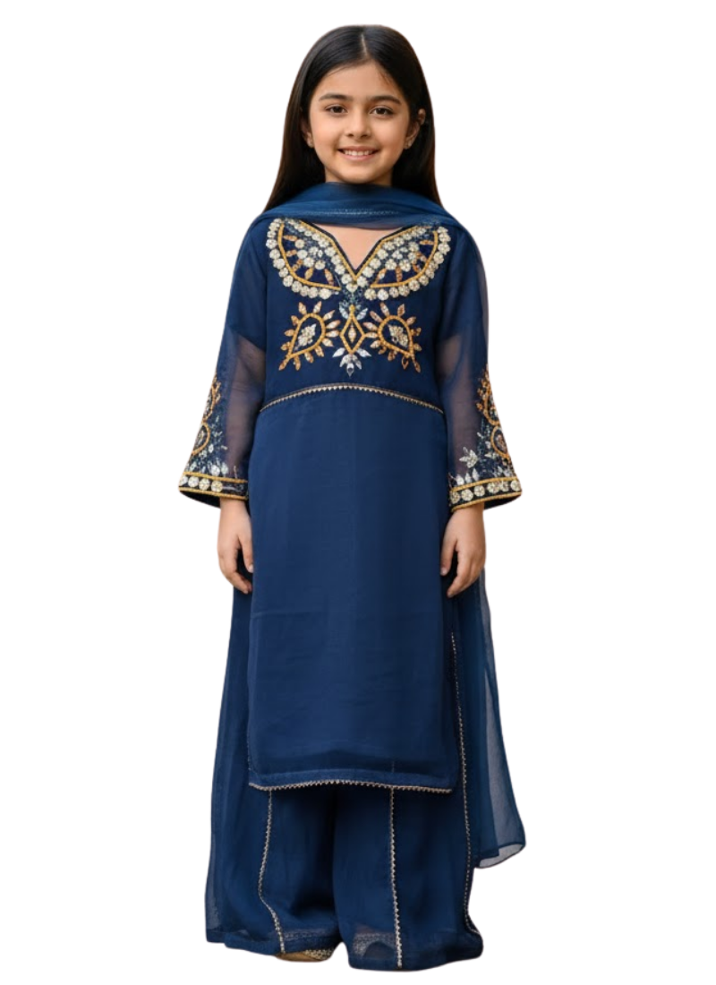 Teal Blue Chiffon Kids Sharara Suit – Festive Flair