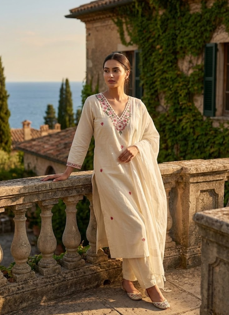 White Khadi Cotton Punjabi Suit with Embroidery & Zig‑Zag Dupatta