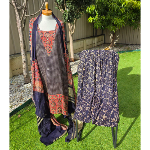 Pure Modal Ajrak Salwar Kameez Suit – Navy Blue with Dupatta