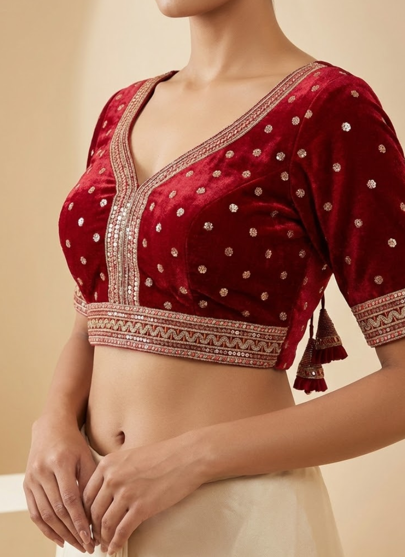 Elegant women’s blouse in pure velvet fabric, heavy embroidery and glitter sequence work, back open style.