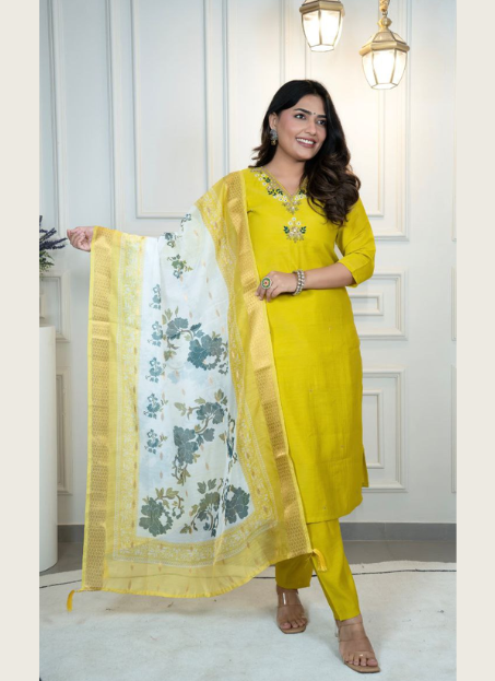 Roman Silk Punjabi Suit with Handwork & Digital Print Chanderi Dupatta