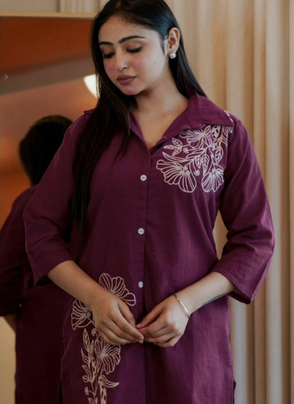 Cotton Slub Embroidered Co‑Ord Set for Women (Top & Pant)