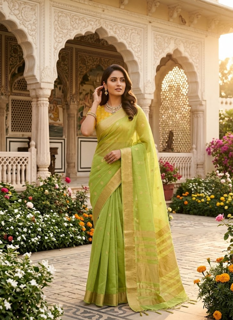 Parrot Green Chiffon Saree with Banarasi Border Australia