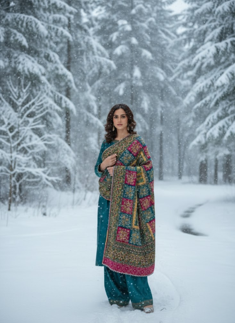 Velvet Winter Shawl with Mirror & Sequence Work – Ladies Shawl