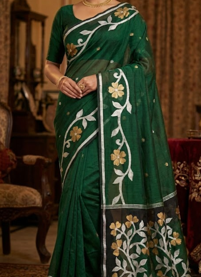 Bottle Green Tantuz Saree in Mixed Maslin Fabric