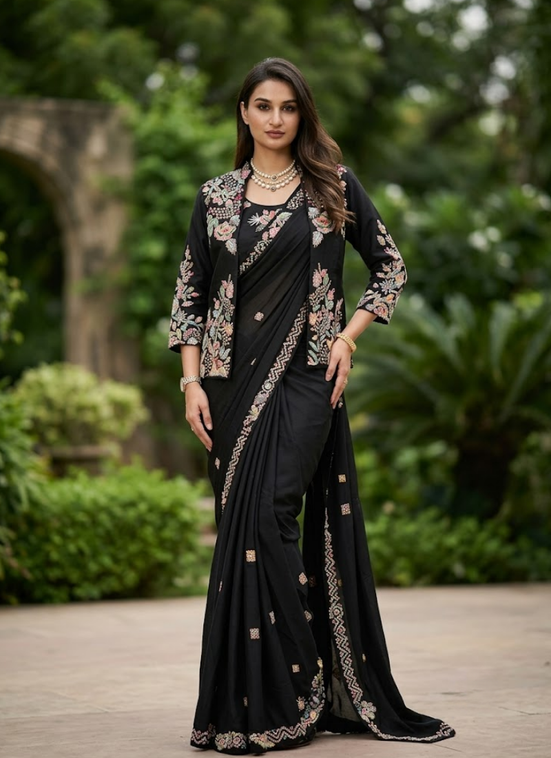 Party Jacket Saree – Heavy Crepe Satin Embroidery, Indian Party Wear Saree Online Shop Australia Australia
