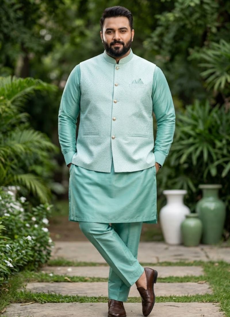 Men’s Silk Kurta Pant Set with Jacquard Koti Australia