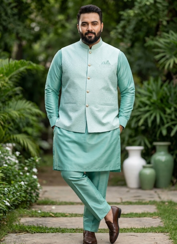 Men’s Silk Kurta Pant Set with Jacquard Koti