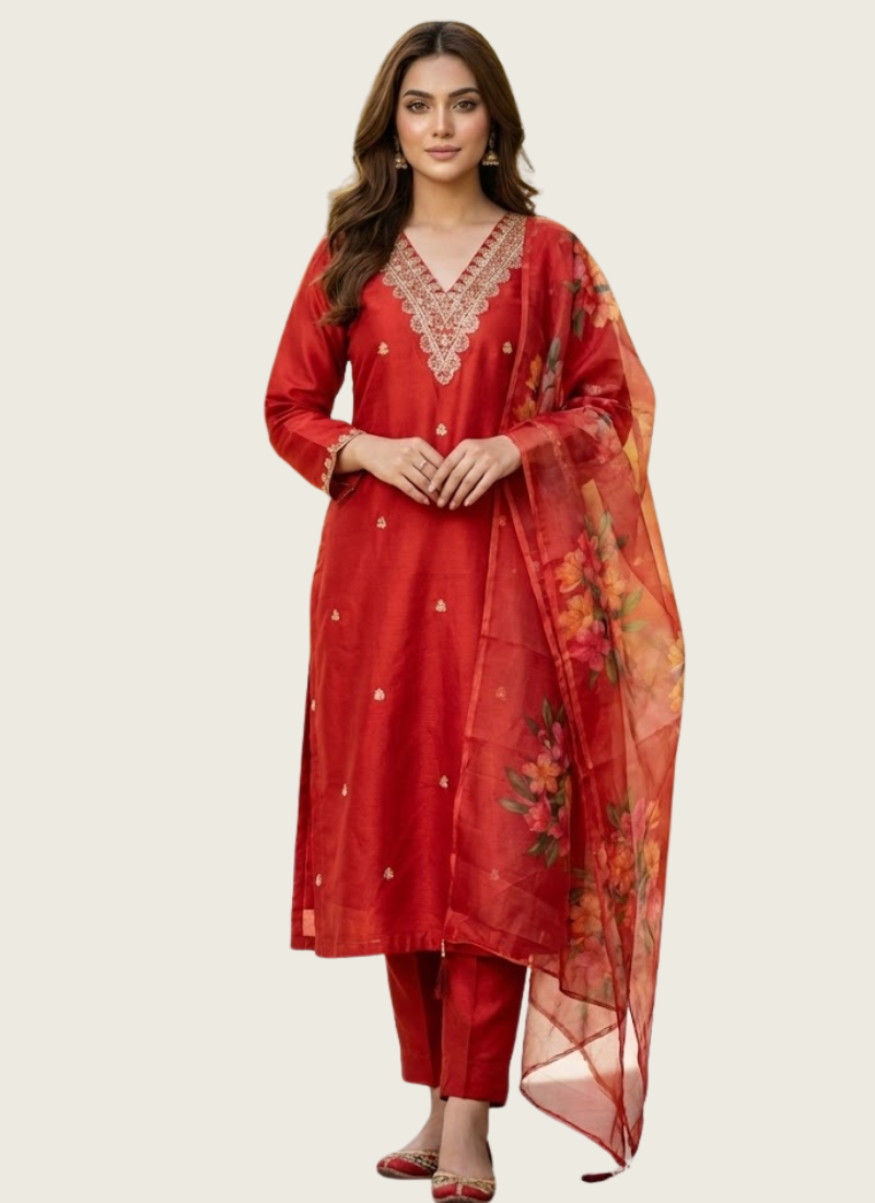 Rayon Slub Straight Punjabi Suit with Embroidery & Chanderi Dupatta | Gleemiumfashion