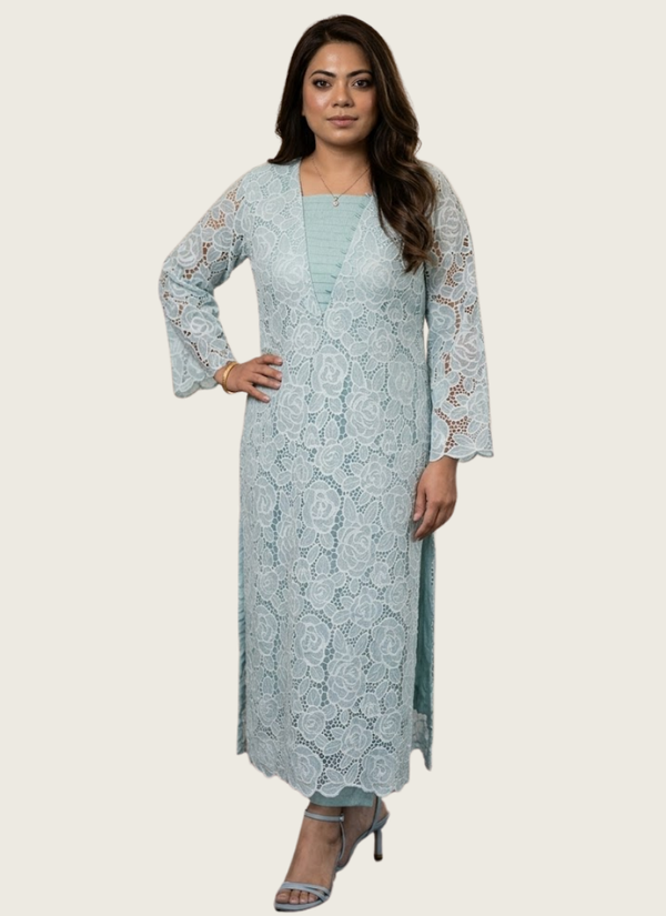 Light Pest Silk Chikankari Co‑Ord Set with Divider Bottom, Indian clothes free shipping Australia