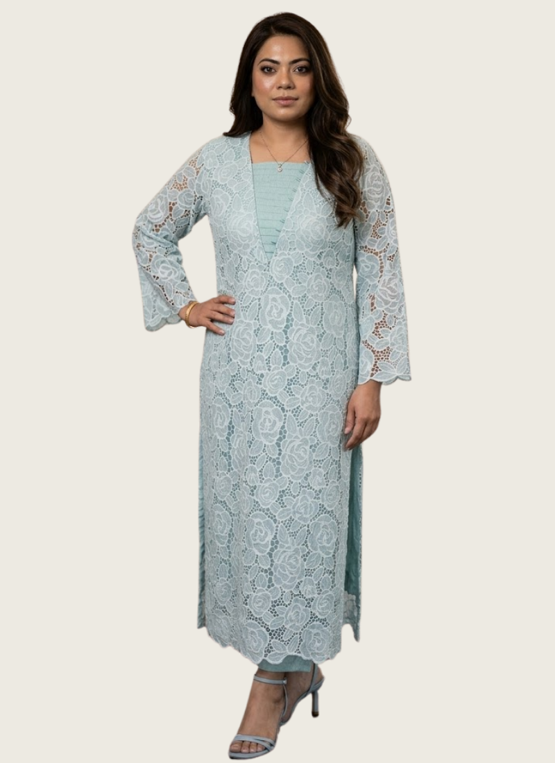 Light Pest Silk Chikankari Co‑Ord Set with Divider Bottom, Indian clothes free shipping Australia