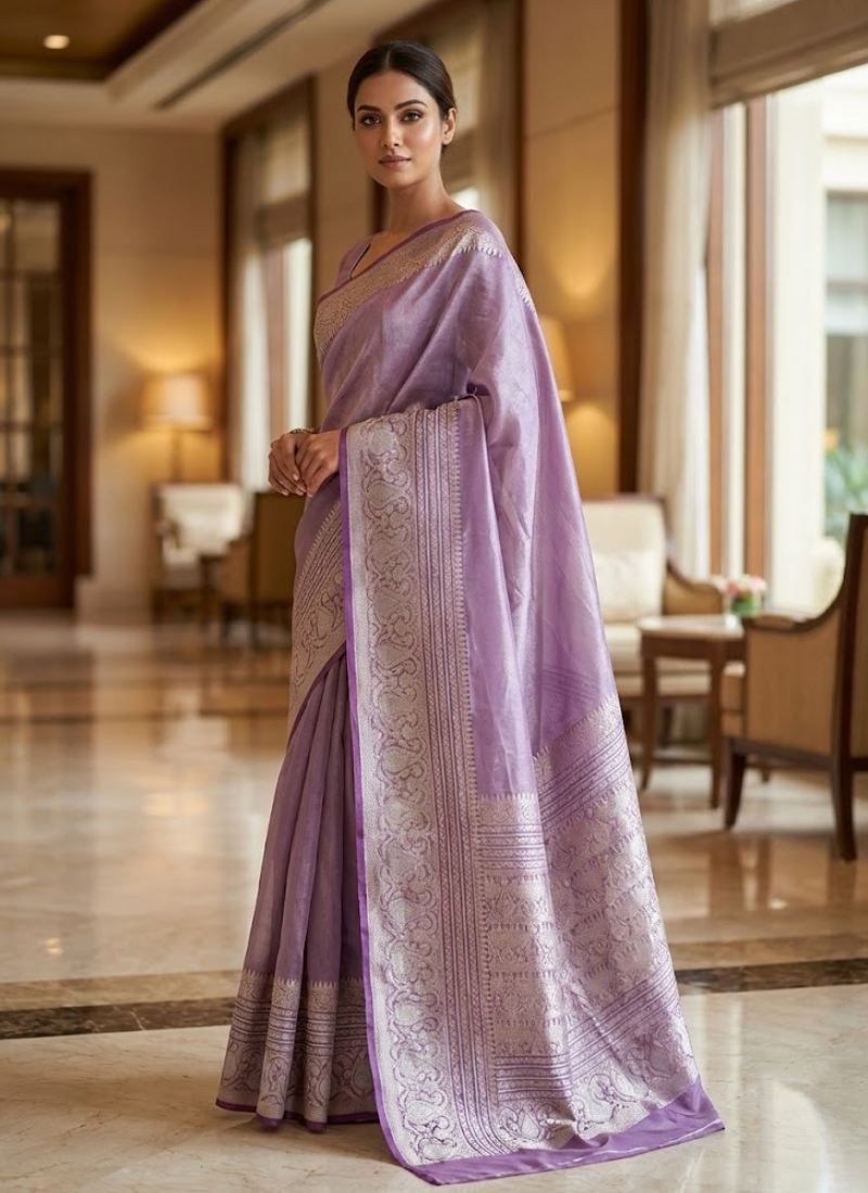 Light Onion Banarasi Tissue Silk Saree with Blouse Piece