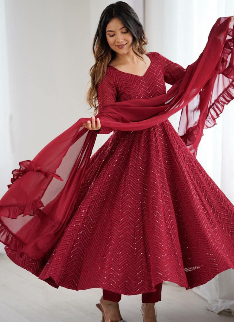 Fox Georgette Lucknowi Anarkali Gown with Sequins & Ruffle Dupatta