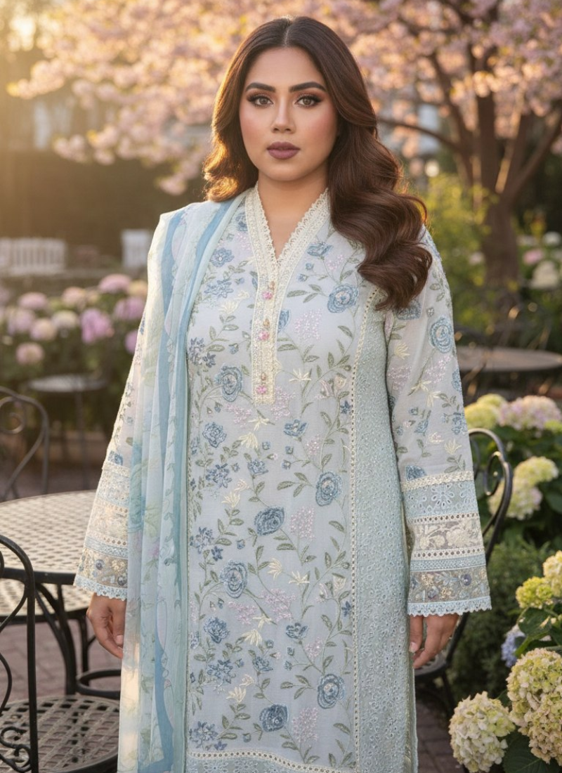 Luxury bridal salwar kameez suit with chiffon kameez, satin salwar, georgette dupatta, and handwork embellishments.