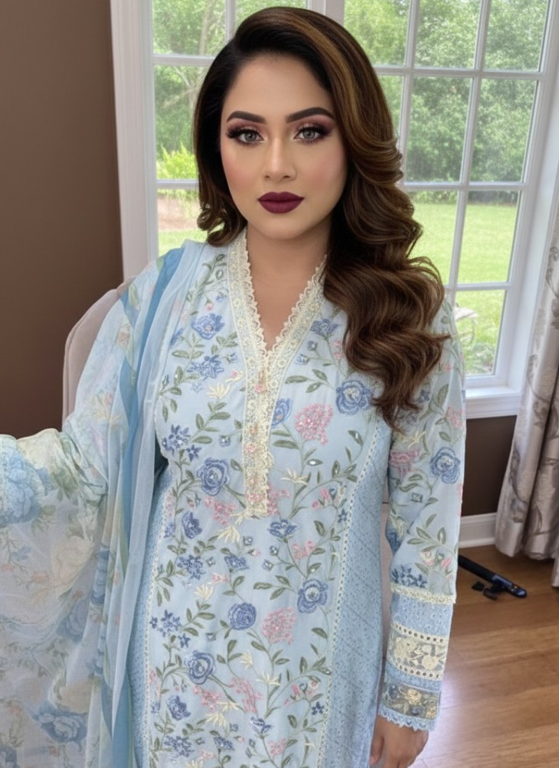 Statement light pest salwar kameez with tassels, lace work, and chikankari embroidery on both sides.